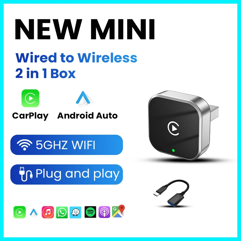 PLAYAIBOX Wireless 2IN1 CarPlay Android Auto Wireless Supermini Box Adapter Plug And Play Dongle Bluetooth WiFi Fast Connect