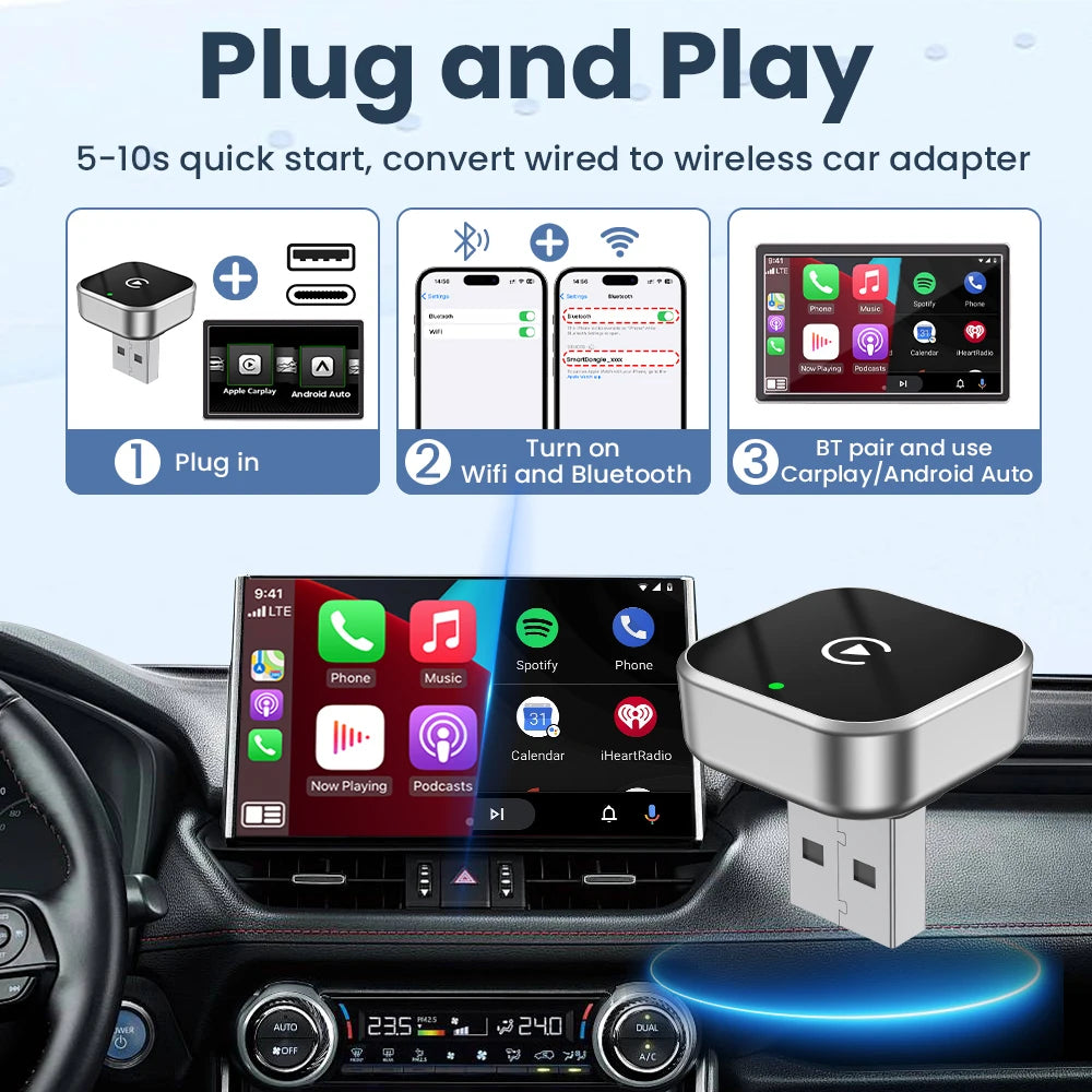 PLAYAIBOX Wireless 2IN1 CarPlay Android Auto Wireless Supermini Box Adapter Plug And Play Dongle Bluetooth WiFi Fast Connect