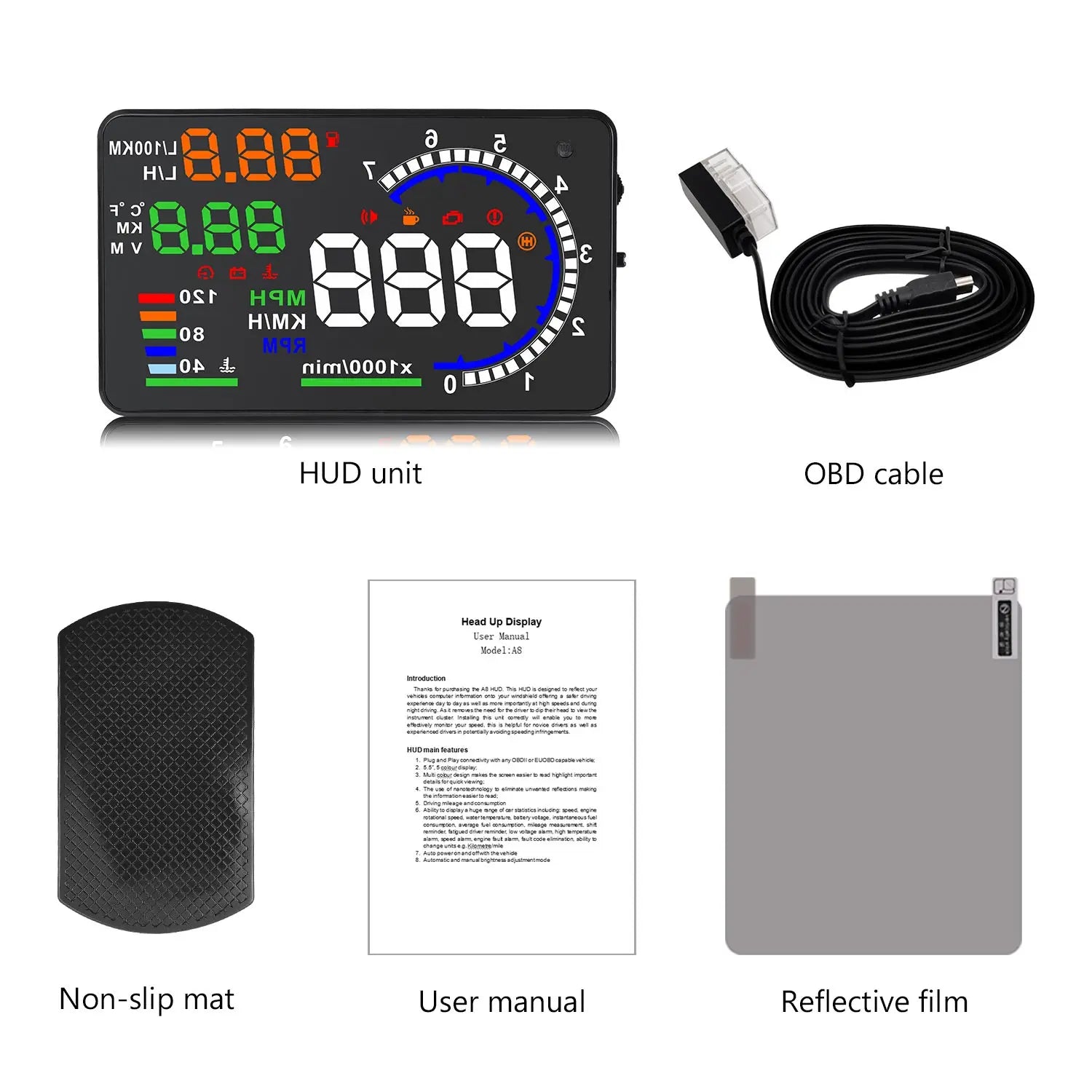 Car Use HUD Head up Display OBD Automotive HD Speed Projector Color LED Portable MiniCar Display A8 Mileage Measuring Instrument