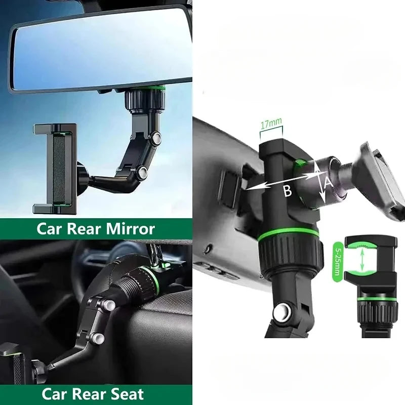 Rearview Mirror Phone Holder, 360° Rotatable and Retractable Car Phone Mount, Multifunctional Rear View Mirror Holder for All Ca