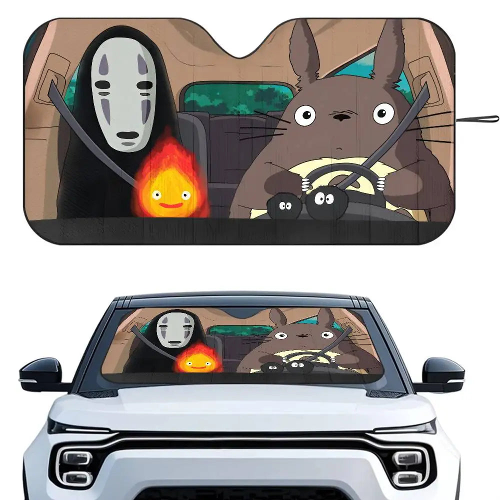 T-TotoroES And No Face Car SunShade Windshield Foldable Three-layer Insulation Sunshade By Suction Cup Blocks UV Rays Sun