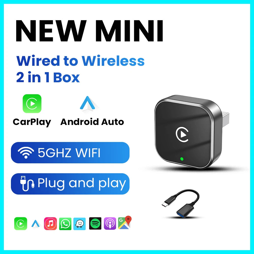 PLAYAIBOX Wireless 2IN1 CarPlay Android Auto Wireless Supermini Box Adapter Plug And Play Dongle Bluetooth WiFi Fast Connect
