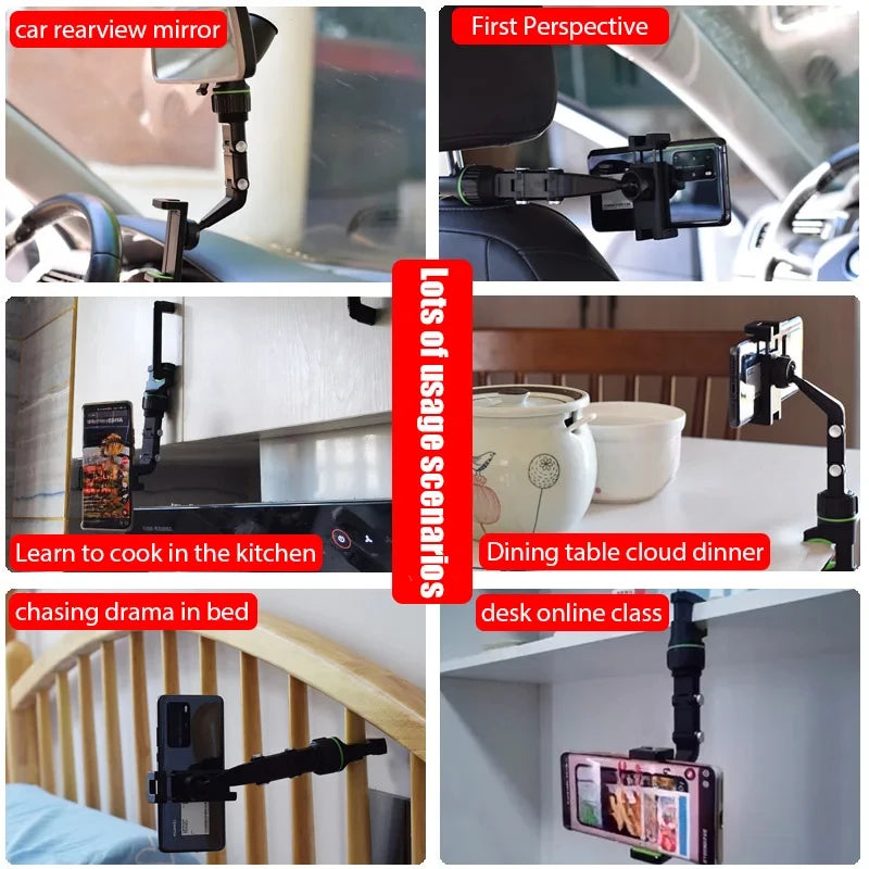 Rearview Mirror Phone Holder, 360° Rotatable and Retractable Car Phone Mount, Multifunctional Rear View Mirror Holder for All Ca