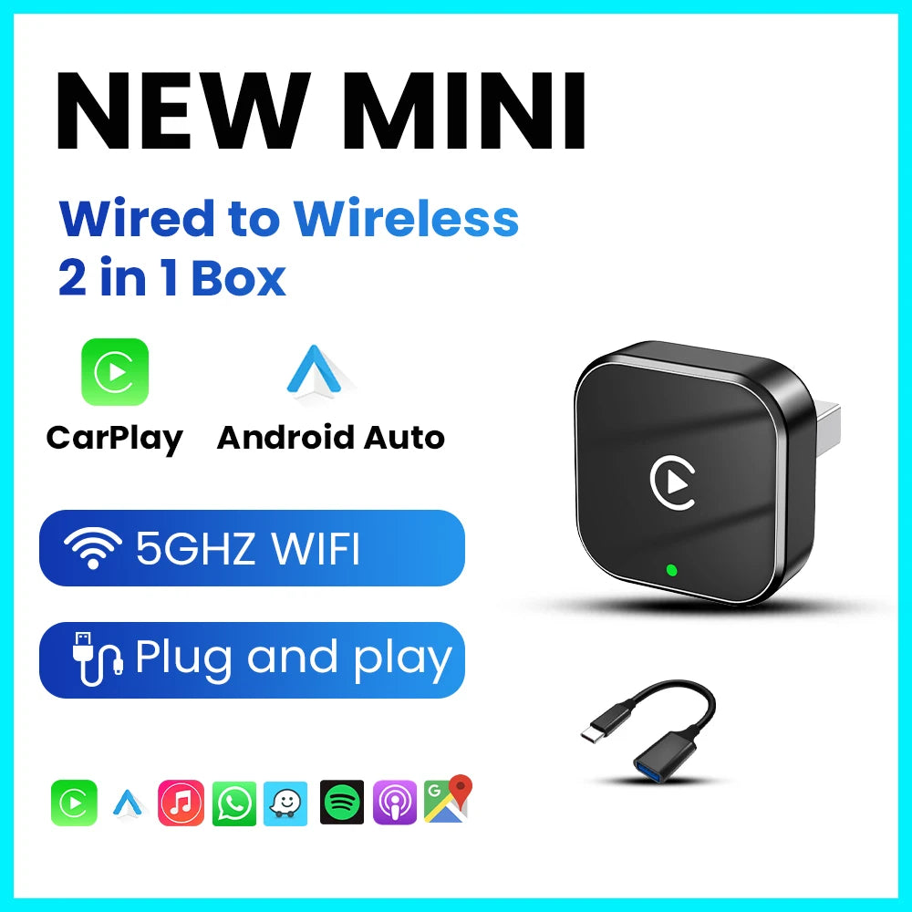 PLAYAIBOX Wireless 2IN1 CarPlay Android Auto Wireless Supermini Box Adapter Plug And Play Dongle Bluetooth WiFi Fast Connect